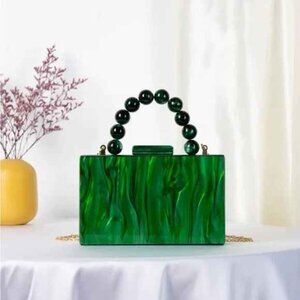 2-Way Beaded Handle Green Resin Reflective Clutch Box Purse New